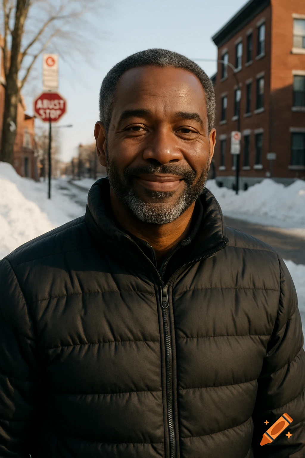 A photorealistic portrait of a smiling Black man in a black winter jacket on a snowy urban street with buildings.