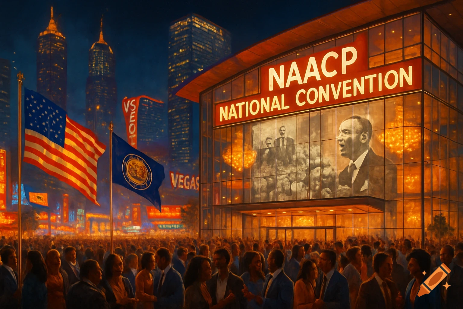 A large crowd gathers outside a modern glass building with a sign that reads "NAACP NATIONAL CONVENTION" at night. The US flag and another blue flag are flying, with city skyscrapers and a building with "VEGAS" and "VS HOME" in the background.