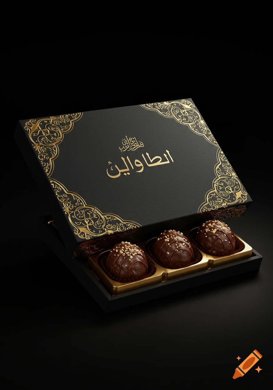 A black luxury chocolate box with gold accents, open to reveal three chocolate-covered dates inside, against a black background.