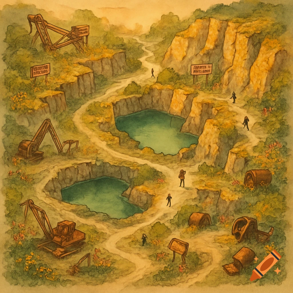An illustrated map of a quarry with water-filled pits, winding paths, machinery, and small human figures, in a watercolor style.