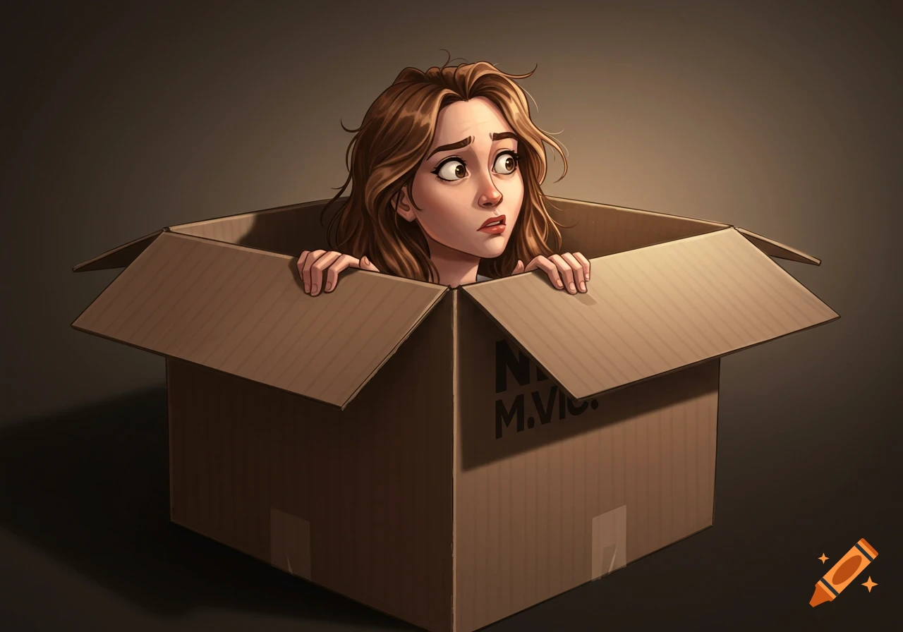 An illustrated confused young woman peeks out from the top of a cardboard moving box, looking to her right.
