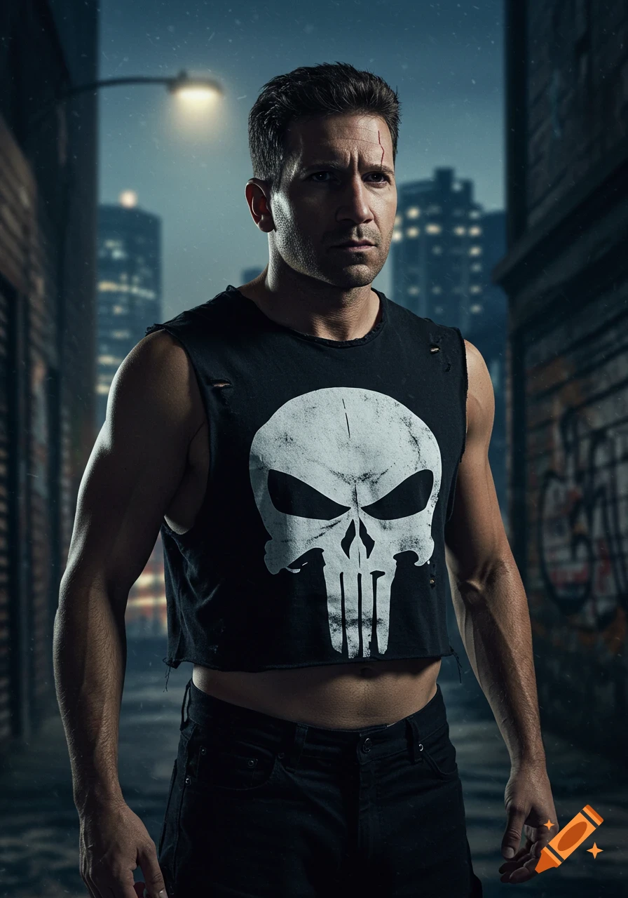 Photorealistic portrait of Frank Castle, the Punisher, in a ripped black crop top with his skull logo, in a dark city alley.