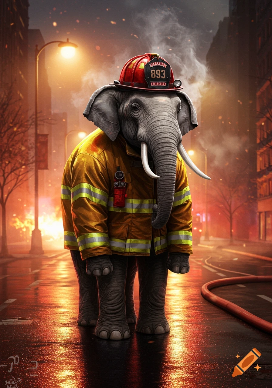 A photorealistic image of an elephant dressed in a yellow firefighter's uniform and red helmet, standing on a wet city street at night with fires in the background.