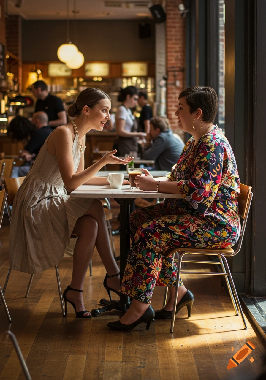 Two women converse at a cafe table, one in a striped dress and the other in a floral jumpsuit.