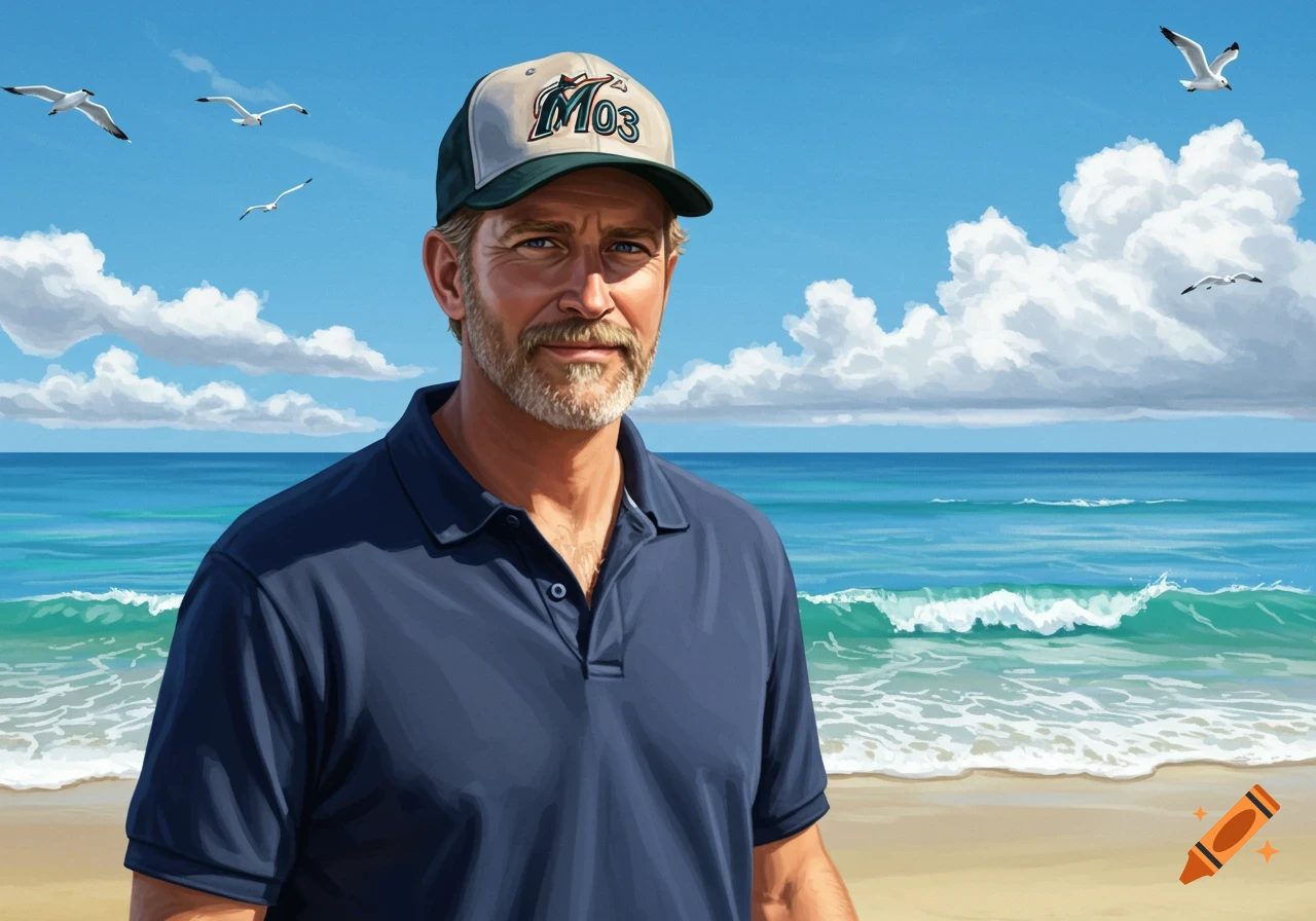 A man with a beard wearing a navy blue polo shirt and a Florida Marlins baseball cap stands on a beach with blue water and seagulls.