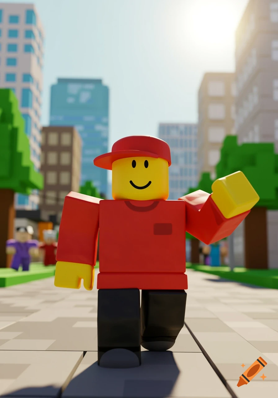A smiling yellow-skinned Roblox character in a red shirt, red hat, and black pants waves on a blocky city street.