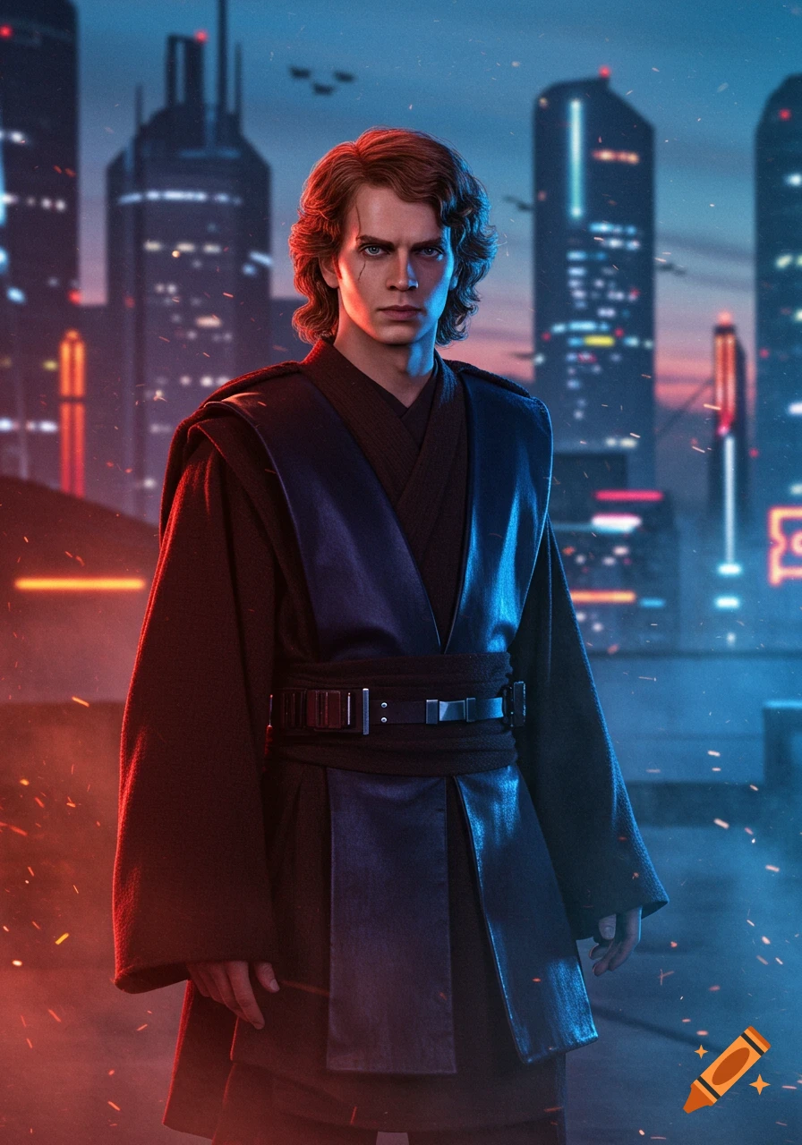 Anakin Skywalker in dark robes stands against a neon-lit futuristic city, lit by red and blue light.
