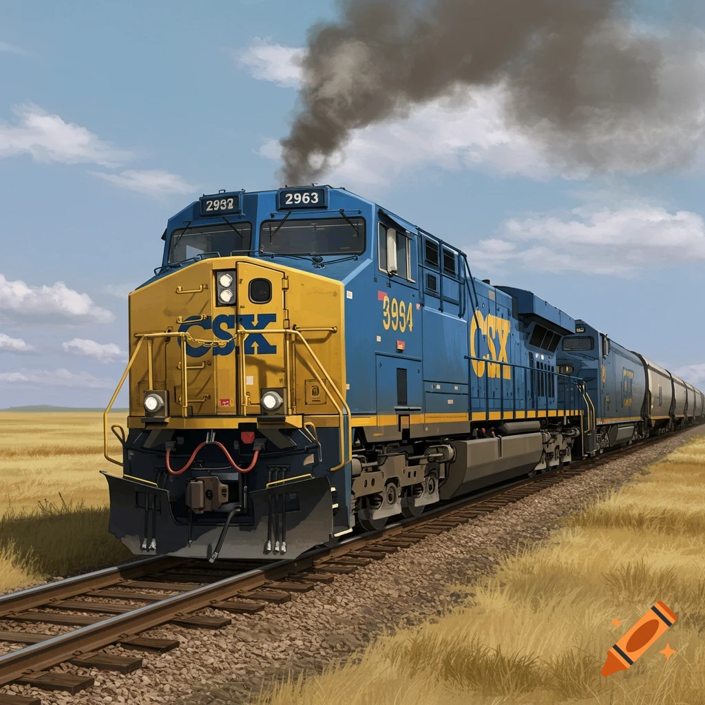 A blue and yellow CSX train travels through a golden field under a blue sky, in an illustrated style.