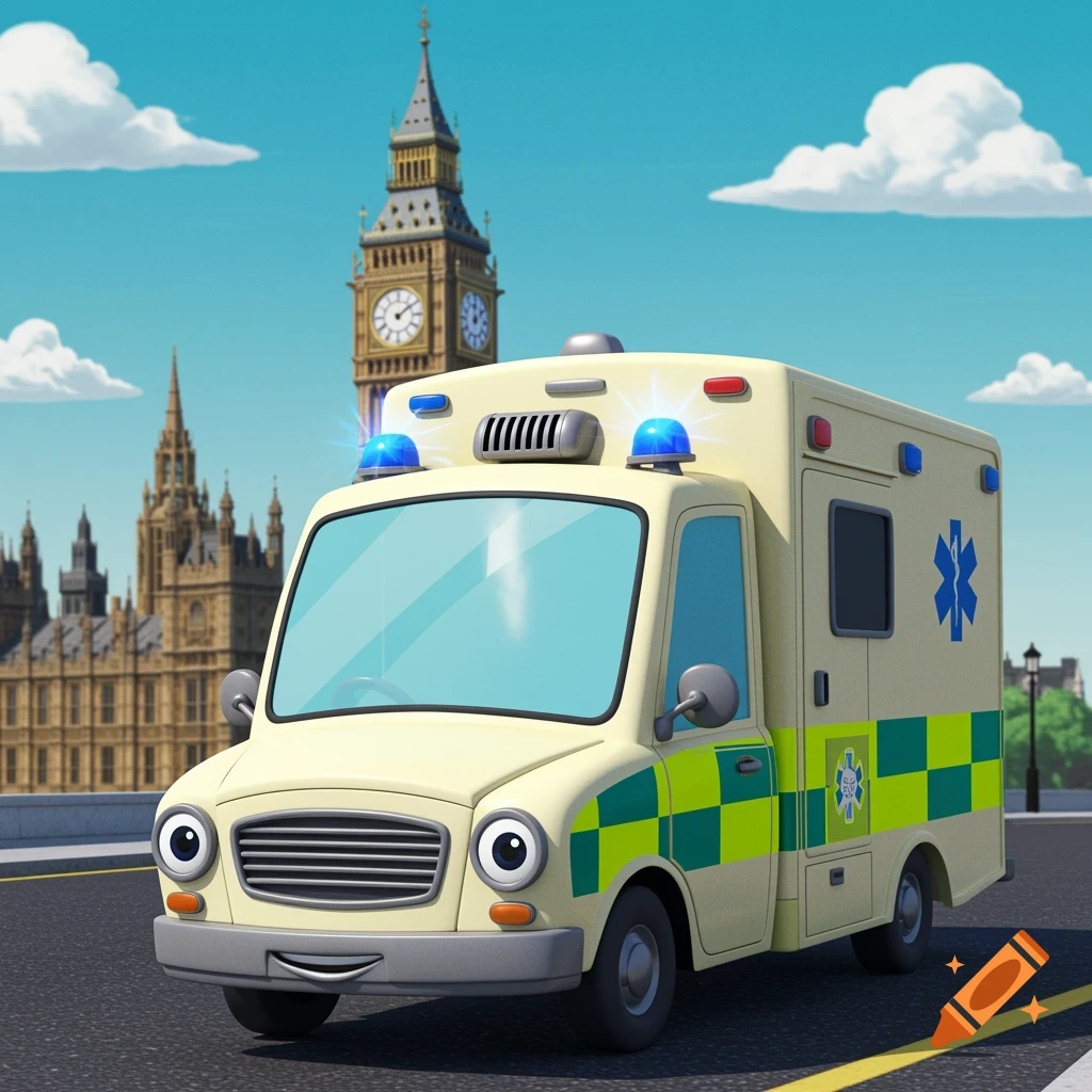 A cheerful cartoon ambulance with a smiling face drives on a road in front of Big Ben and the Houses of Parliament in London.