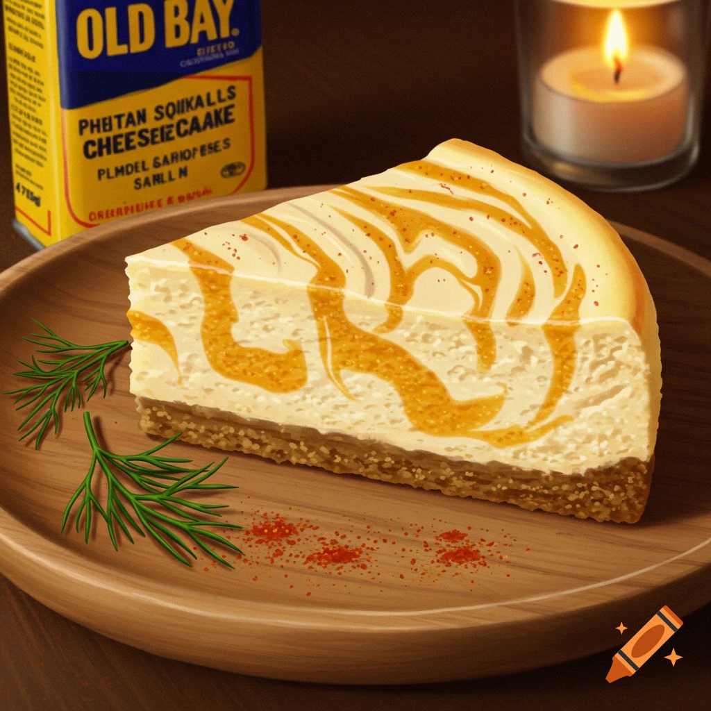 A slice of cheesecake with caramel drizzle on a wooden plate, next to an Old Bay seasoning container and a lit candle, in a photorealistic style.