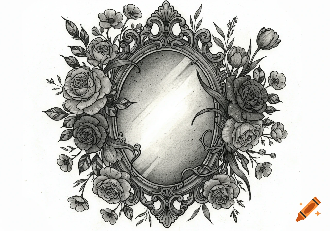 Black and white sketch of an ornate oval mirror framed by an abundance of dark roses, tulips, and buttercups.