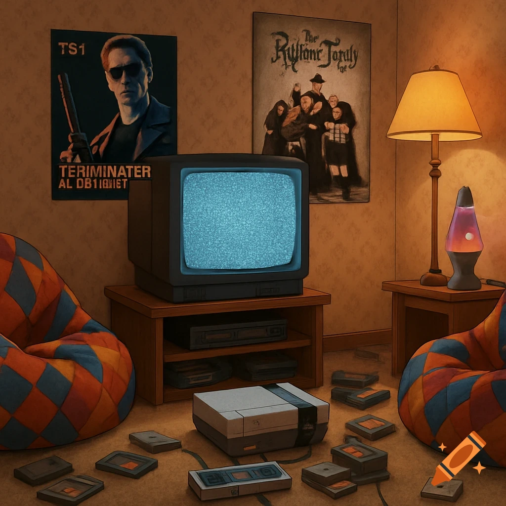 A retro 90s lounge room with a TV showing static, a Nintendo NES, bean bag chairs, a lava lamp, and movie posters.
