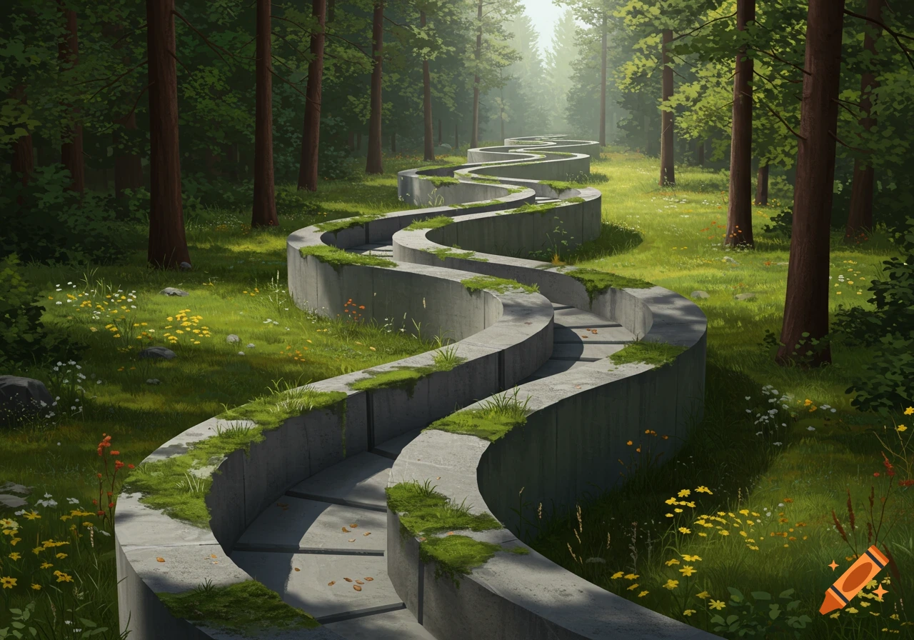 A long, winding concrete structure with moss and grass growing on it, stretching through a lush green forest with tall trees and wildflowers under sunlight.