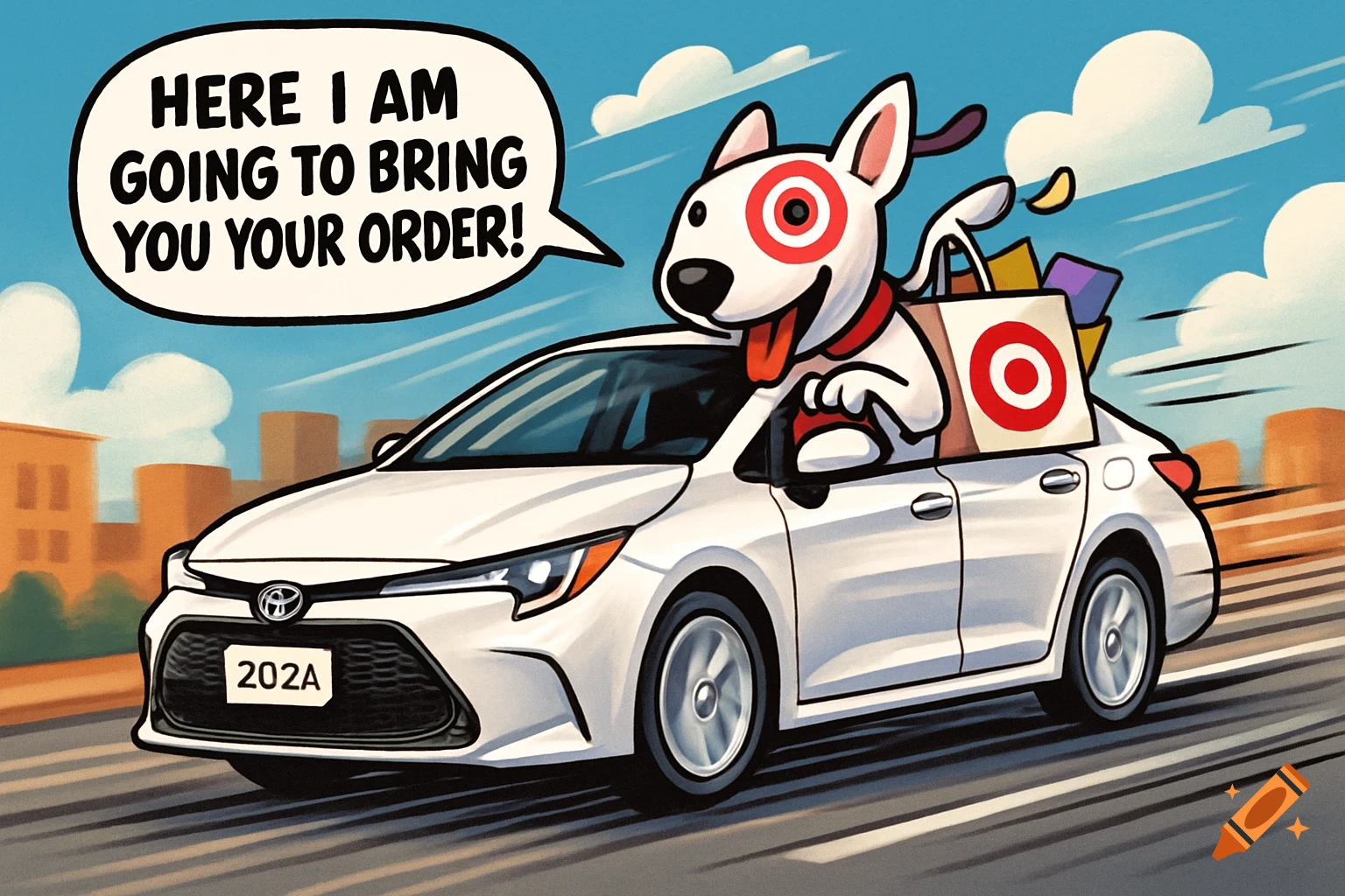 A cartoon Bullseye dog drives a white Toyota Corolla, with shopping bags in the back, saying, "HERE I AM GOING TO BRING YOU YOUR ORDER!"