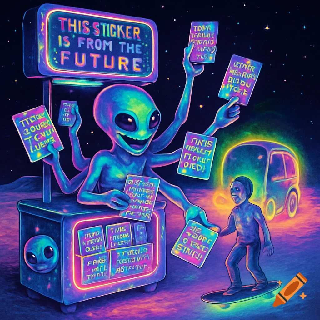A six-armed alien at a glowing sticker booth on an alien planet sells neon-colored stickers to a person on a hoverboard, with a glowing futuristic car in the background.