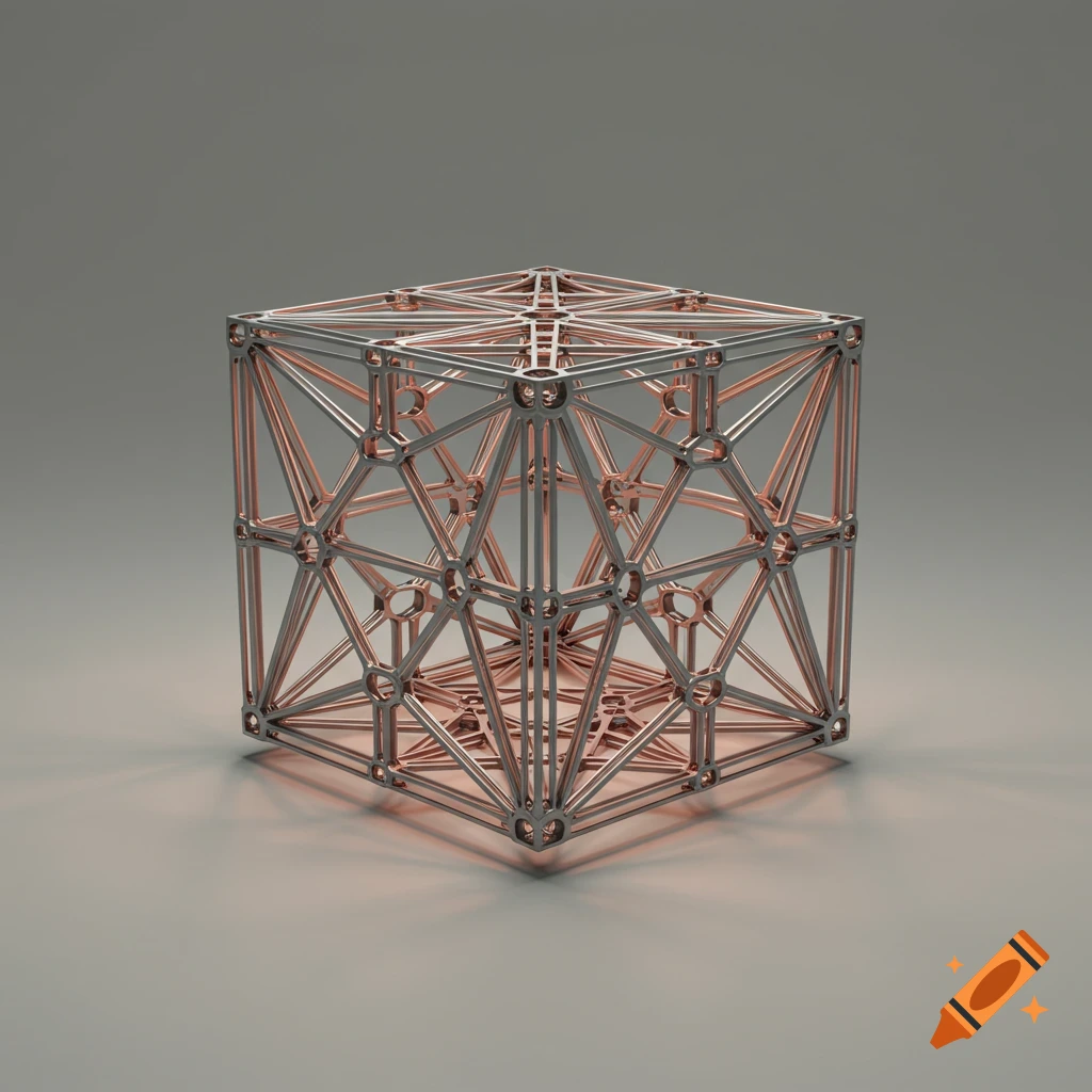 A detailed 3D render of a metallic wireframe cube with intricate internal supports, casting a shadow on a light gray surface.