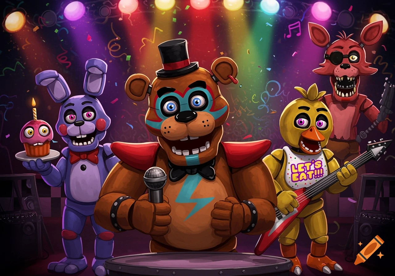 A group of Five Nights at Freddy's animatronics, including Freddy, Bonnie, Chica, and Foxy, perform on a brightly lit stage with confetti falling in a vibrant cartoon style.