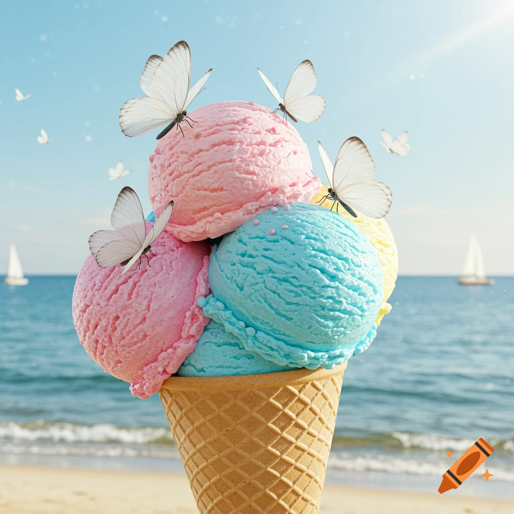 A vibrant ice cream cone with pink, blue, and yellow scoops and white butterflies on a sunny beach with the ocean and sailboats.