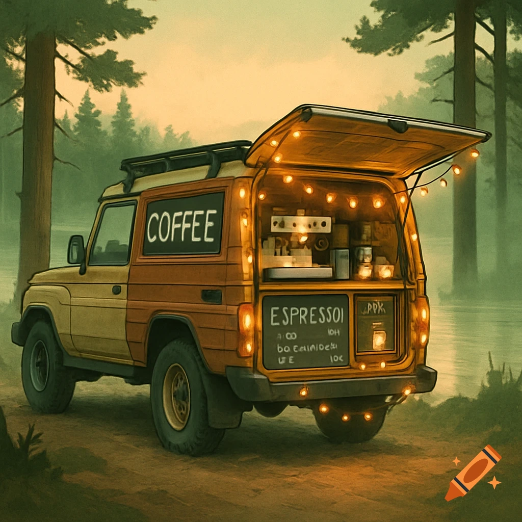 A beige and brown Toyota Land Cruiser Troopcarrier converted into a coffee business van, parked on a dirt path in a forest by a lake at dusk, with glowing string lights inside the open rear hatch.
