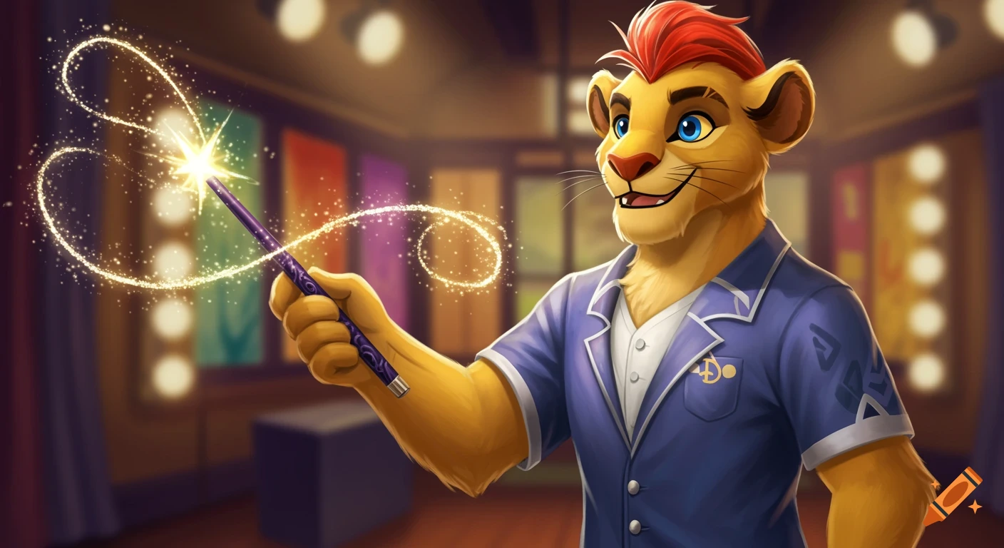 An anthropomorphic lion with a red mohawk wears a blue shirt and holds a magic wand, casting sparkling light in an indoor setting.