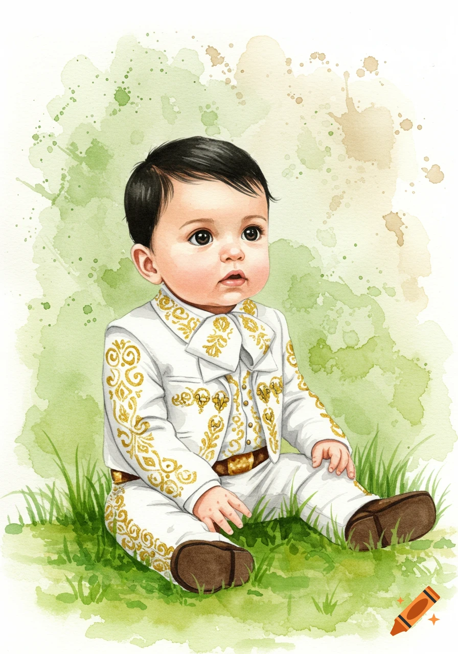 Watercolor illustration of a baby boy in a white and gold charro outfit sitting on green grass.