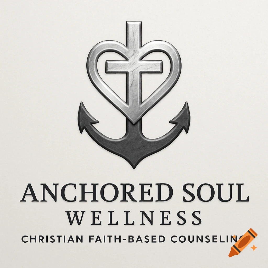 A business logo for Anchored Soul Wellness. It features a silver metallic heart with a cross inside, sitting on top of a dark gray anchor.