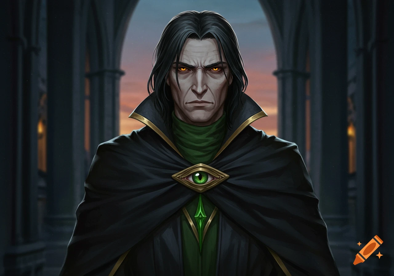 A stern man with long dark hair and glowing orange eyes wears a black cape with a green eye crest.