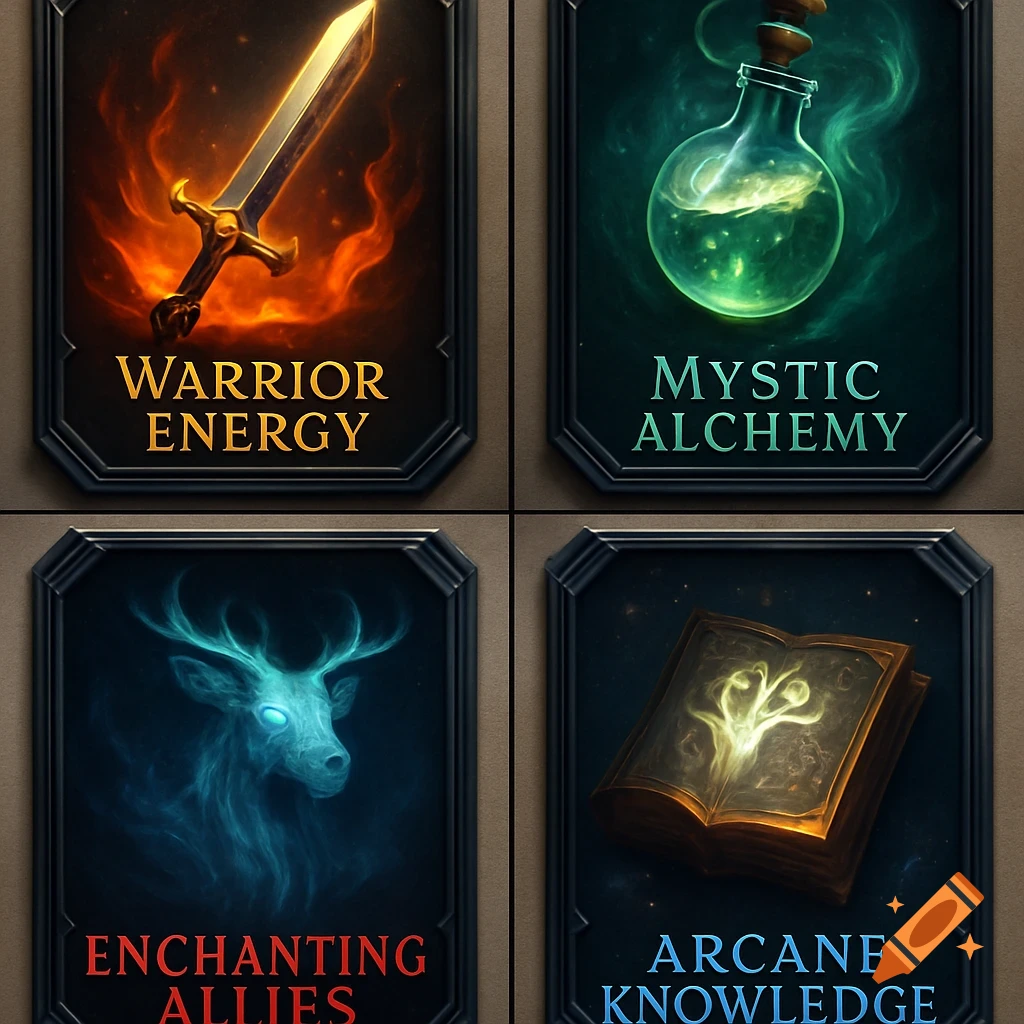 A grid of four fantasy-themed game cards with icons and titles: a flaming sword, a glowing potion, a blue deer, and an open spellbook in digital art style.