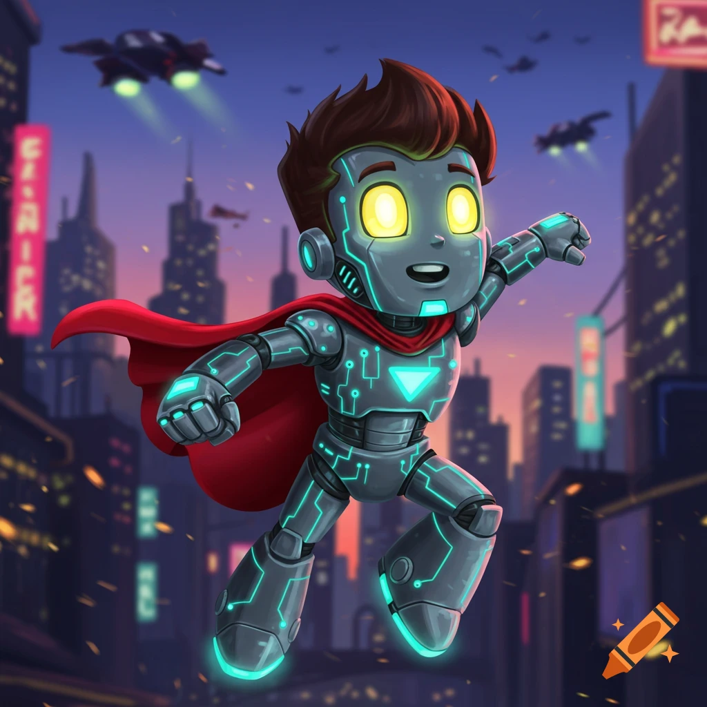 Cartoon robot superhero with glowing eyes and red cape flying over a futuristic city at night.