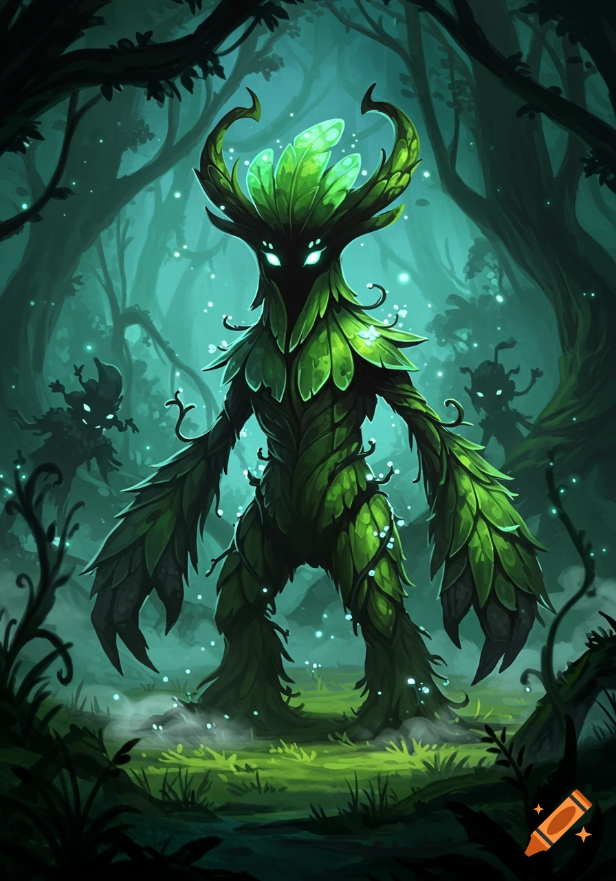 A vibrant green plant monster with glowing eyes stands in a dark, mystical forest with smaller shadowy figures in the background.