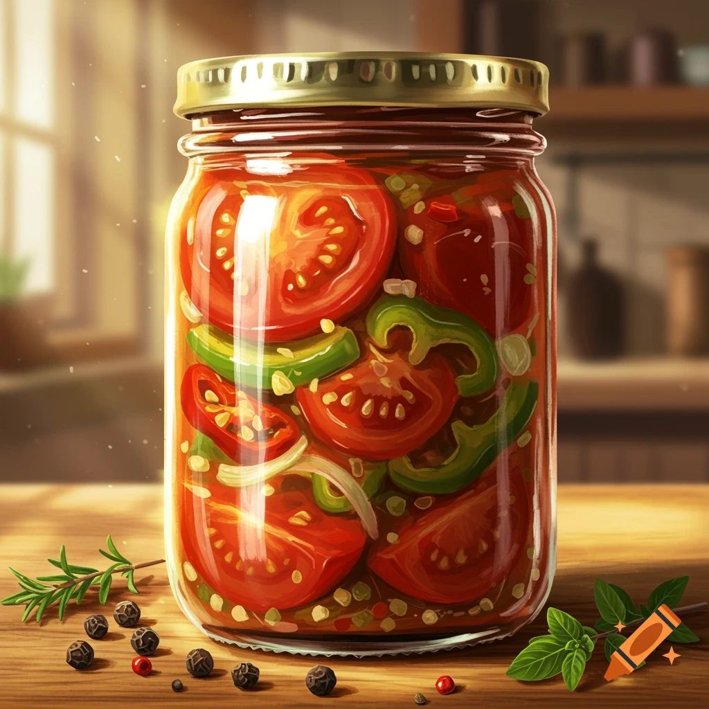 A glass jar filled with pickled tomatoes, green peppers, and onions on a wooden table with peppercorns and herbs.