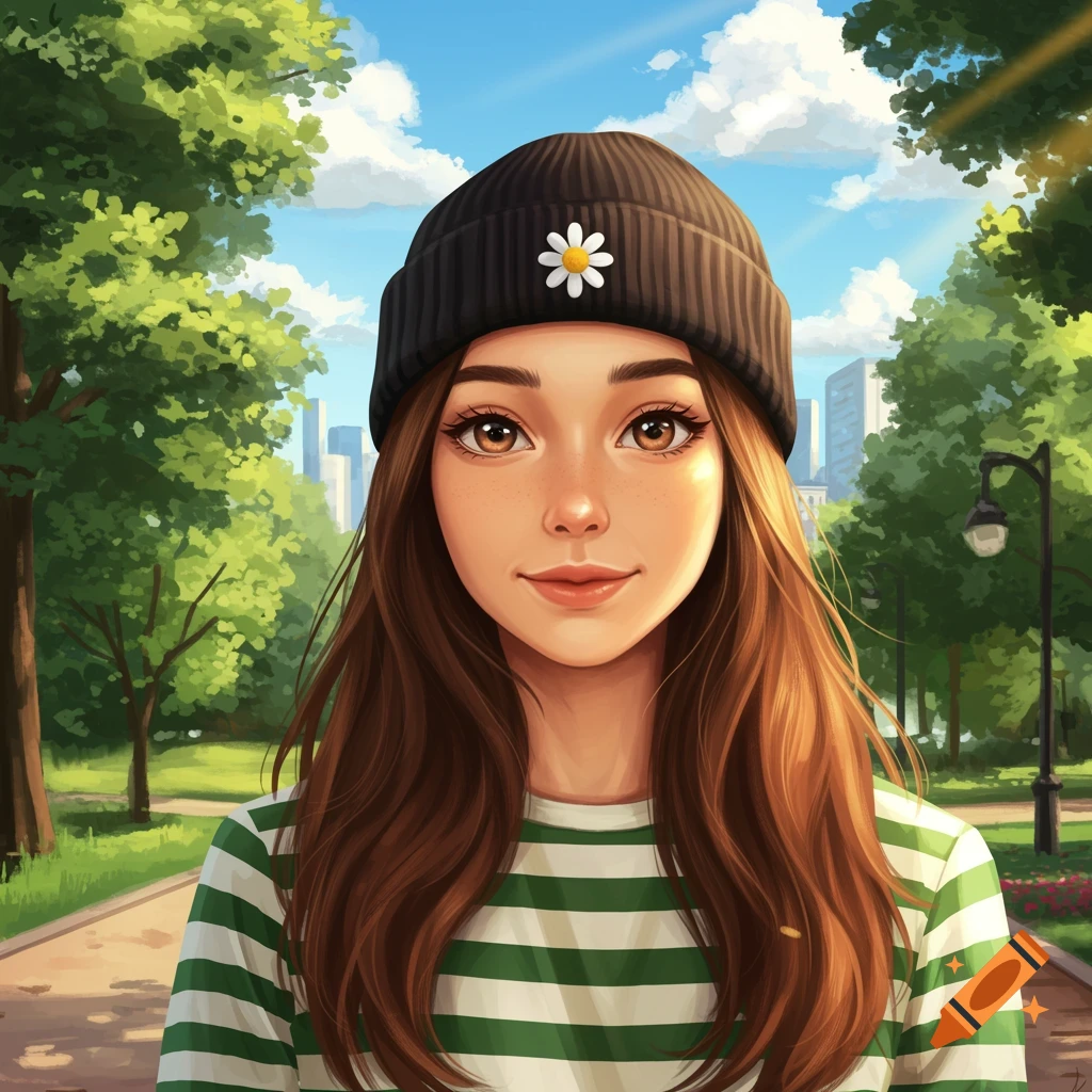 A stylized digital portrait of a white woman with long brown hair, a black beanie with a daisy, and a striped shirt, standing in a sunny park.