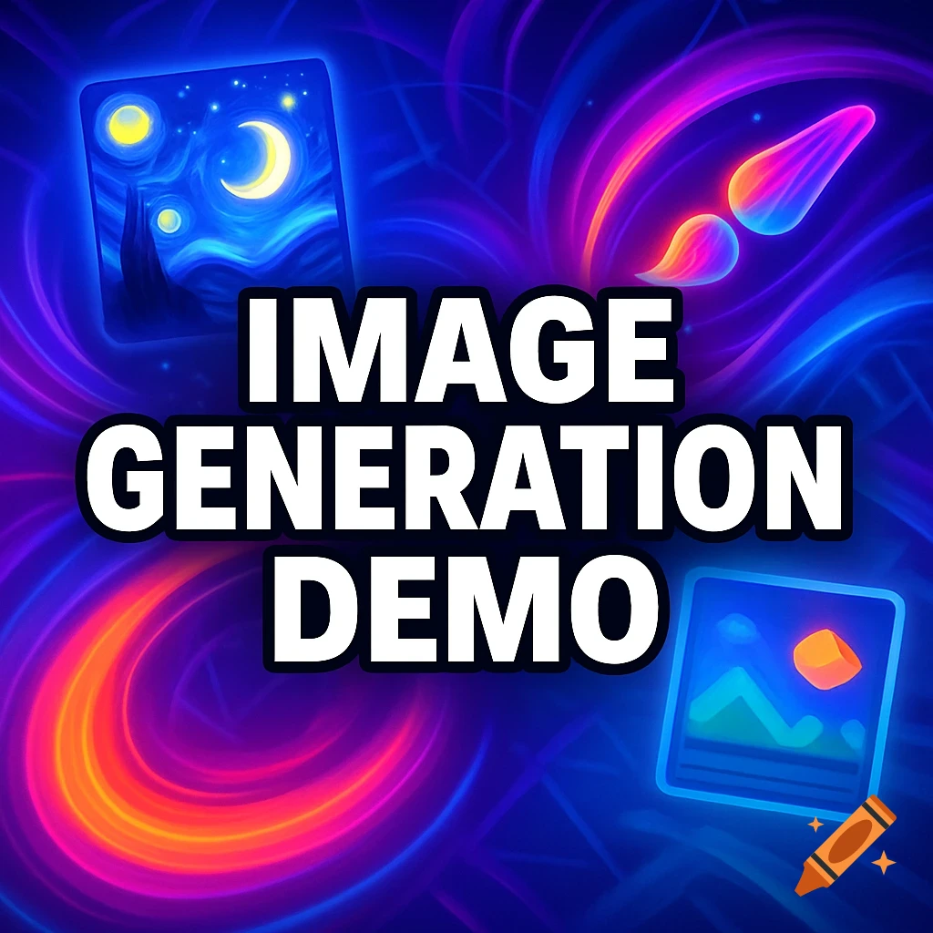 A vibrant, neon-colored digital art thumbnail with 'IMAGE GENERATION DEMO' text, a Starry Night painting, and an image icon.