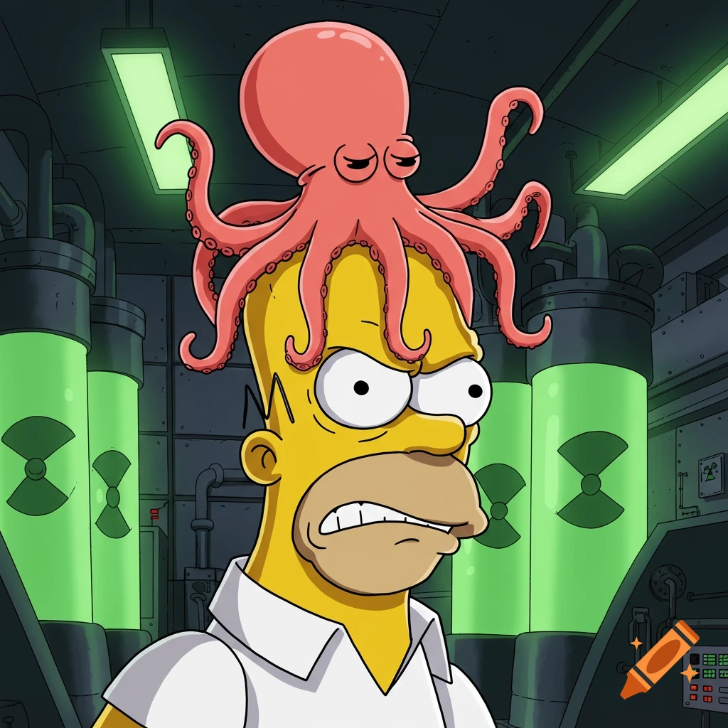 Angry Homer Simpson with a pink octopus on his head, in a cartoon industrial facility with glowing green tubes.