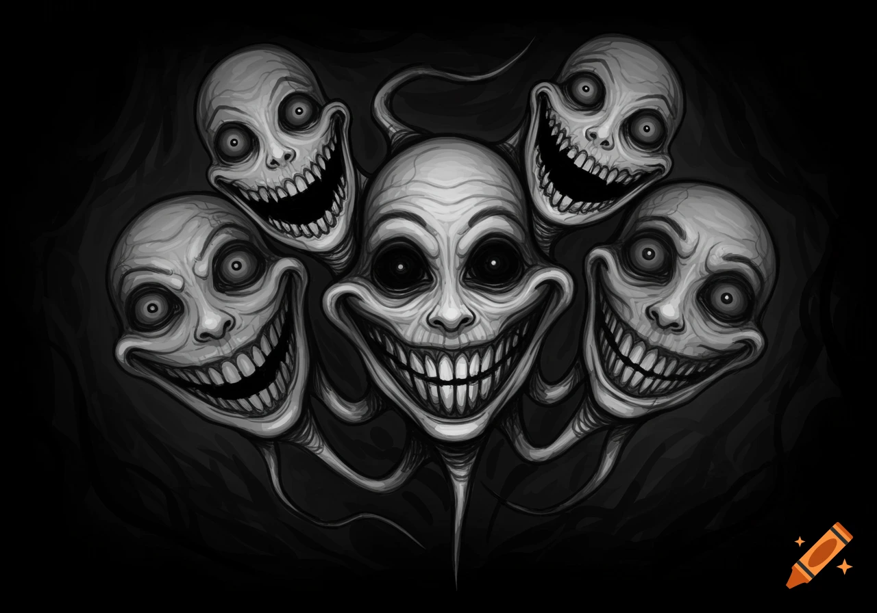 Five grotesque, smiling, wide-eyed faces in a black and white abstract horror cartoon style.