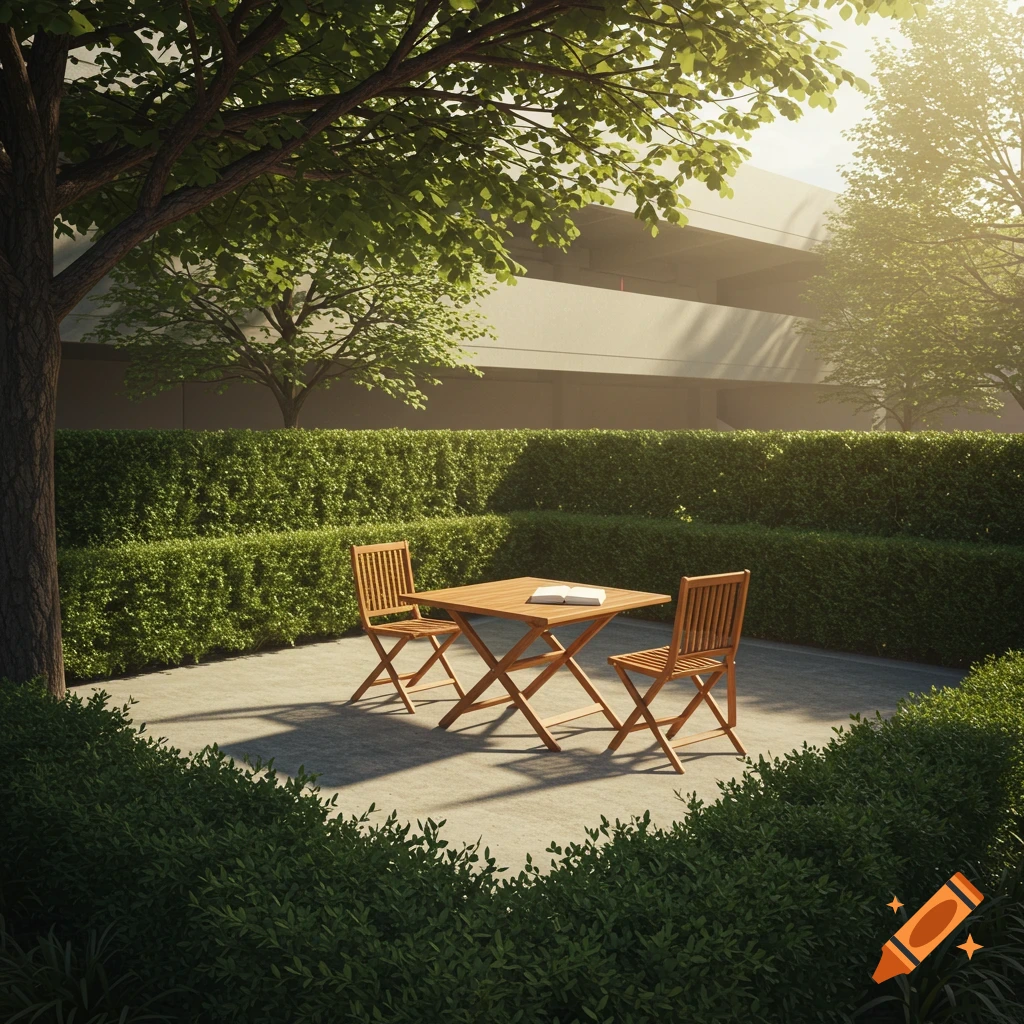 Cozy outdoor patio with a wooden table and chairs on a paved area, surrounded by manicured green hedges and lush trees, with a building in the background under soft sunlight.