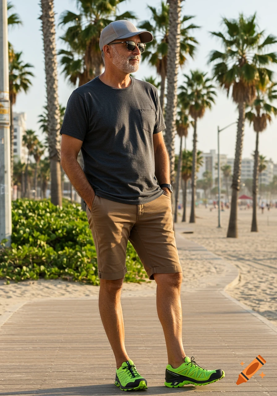 Photorealistic image of a stylish man in a grey cap and sunglasses on a sunny beach boardwalk with palm trees.
