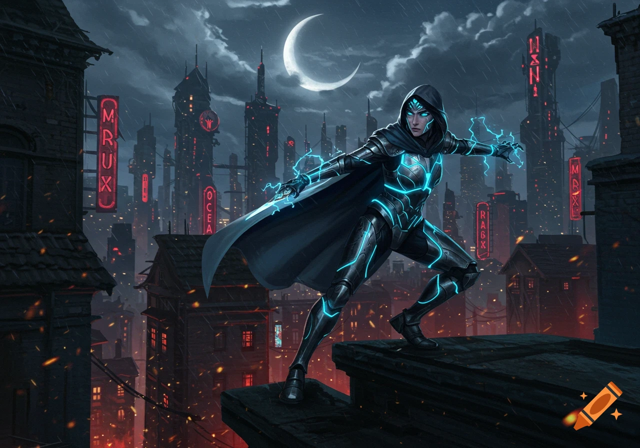 A hooded figure in glowing blue armor stands on a rooftop in a rainy, futuristic cityscape under a crescent moon.