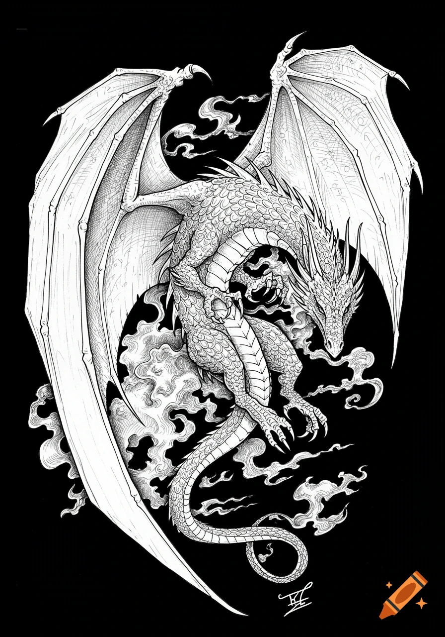 Detailed black and white line art of a dragon with large wings amidst smoke, descending.
