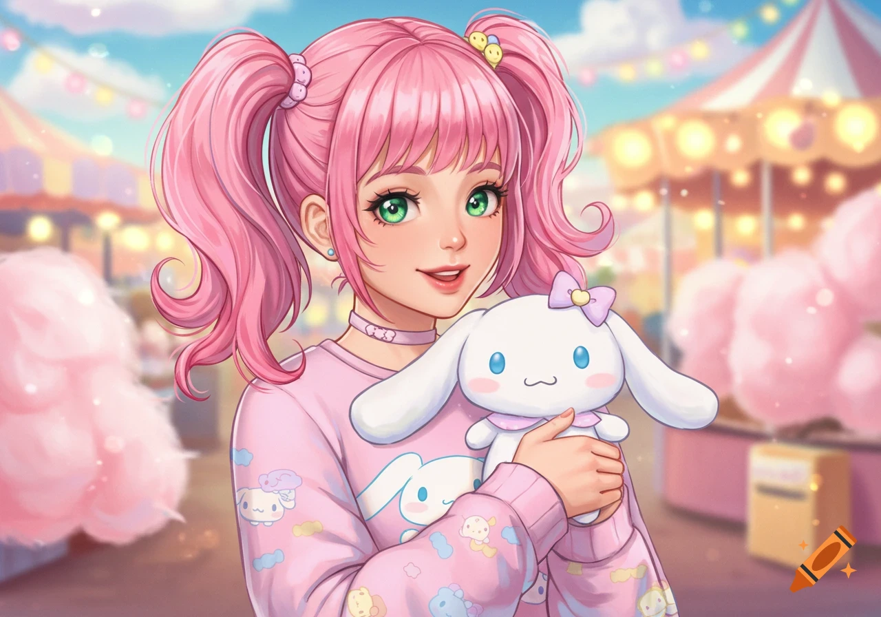An anime girl with pink pigtails and green eyes holds a Cinnamoroll plush at a vibrant carnival, wearing Cinnamoroll merchandise.