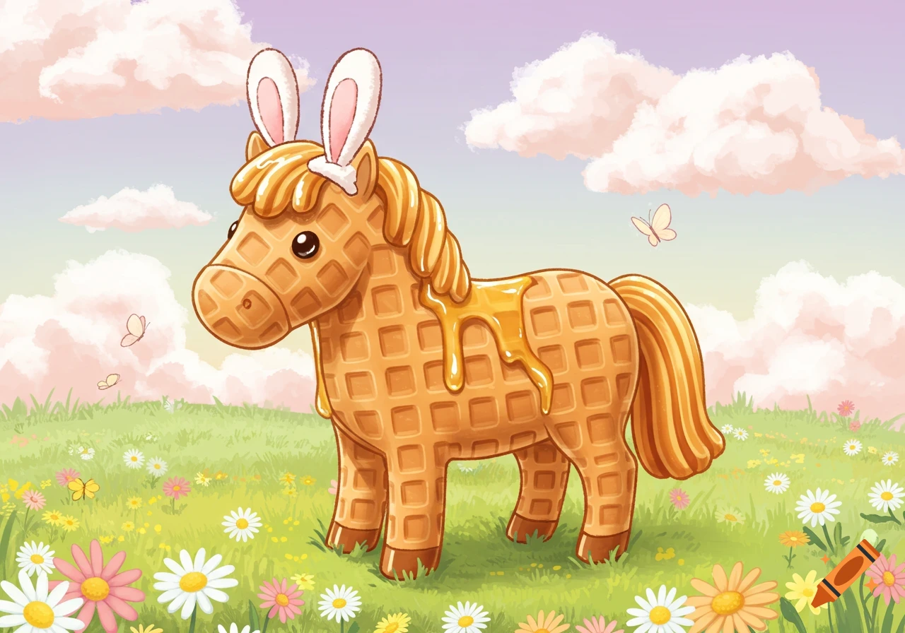 A cute cartoon horse made of waffles with syrup and bunny ears stands in a flowery field under a pastel sky.