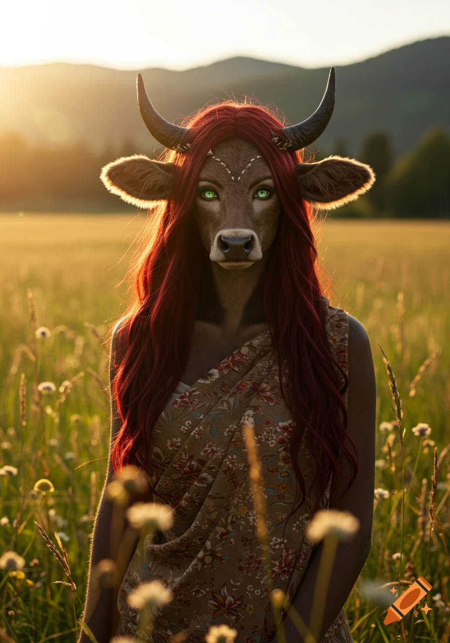 A photorealistic image of a Holstaur woman with red hair and glowing green eyes standing in a sunlit field.
