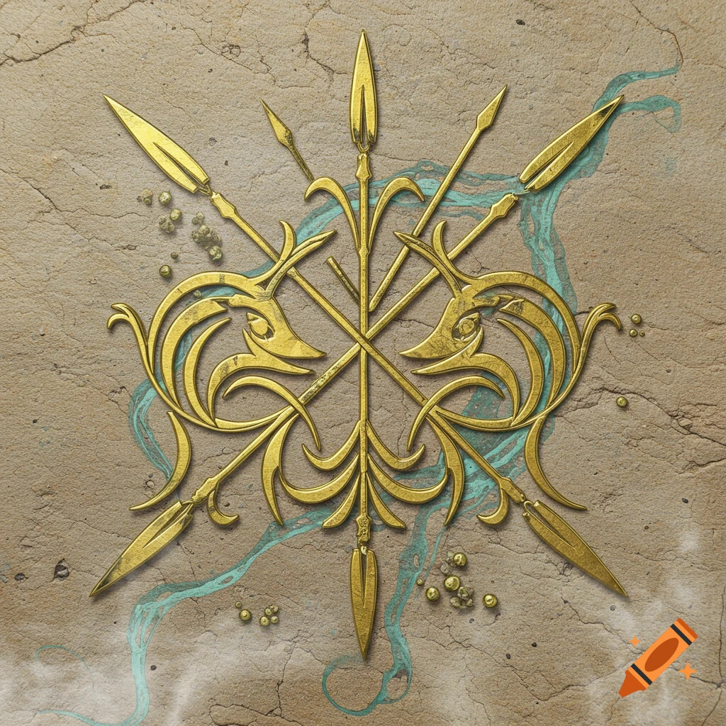 Golden emblem of crossed spears and ornate patterns on a cracked beige background with teal liquid effects.