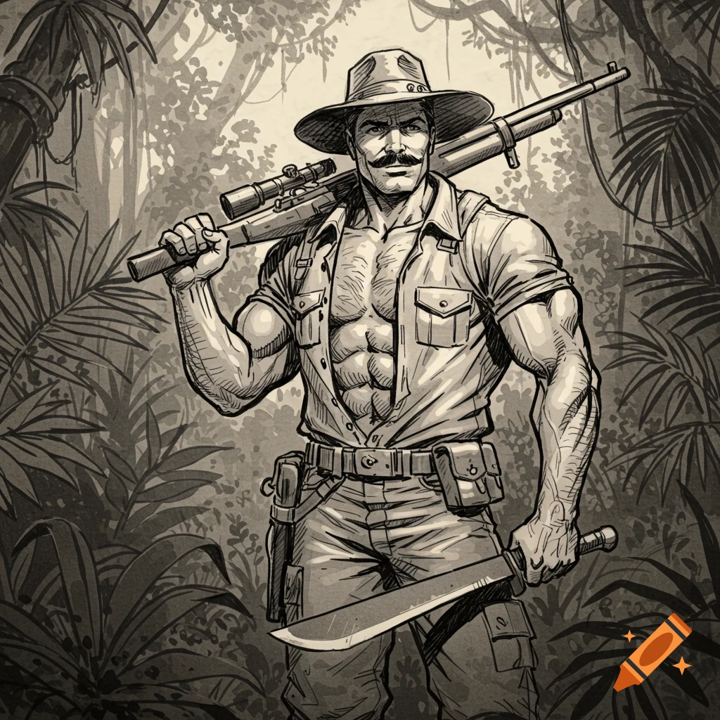 A strong man in a hat and open shirt, carrying a rifle and machete, stands in a jungle in a sketch style.