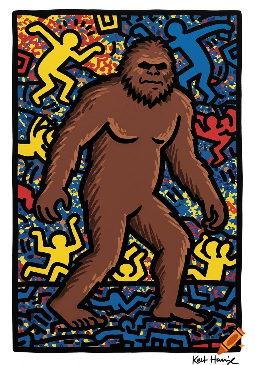 A brown Bigfoot figure walks across a vibrant blue background filled with colorful, abstract Keith Haring-style dancing figures.