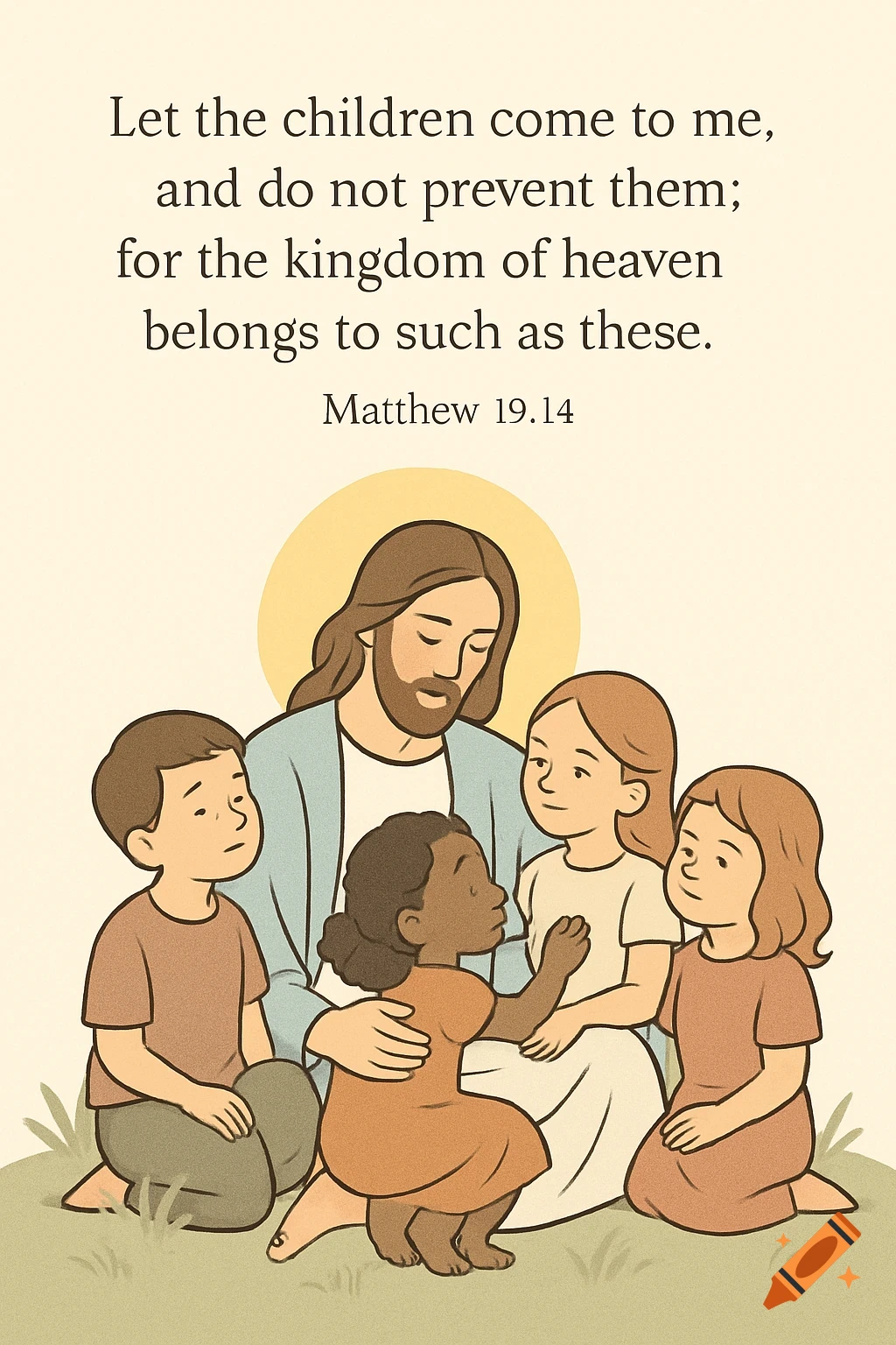 Minimalist vector illustration of Jesus with a halo, surrounded by several children. The image includes the Bible verse 'Let the children come to me...'