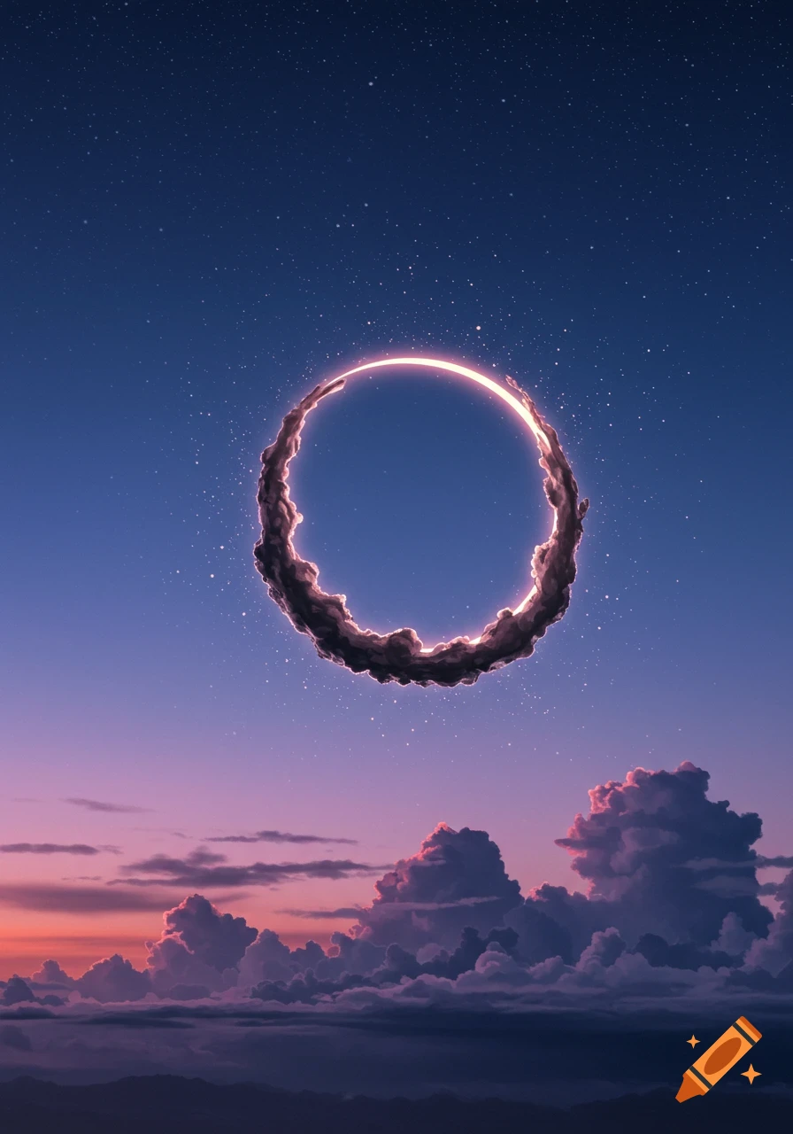 A glowing, smoky ring floats in a starry twilight sky above pink and purple clouds.