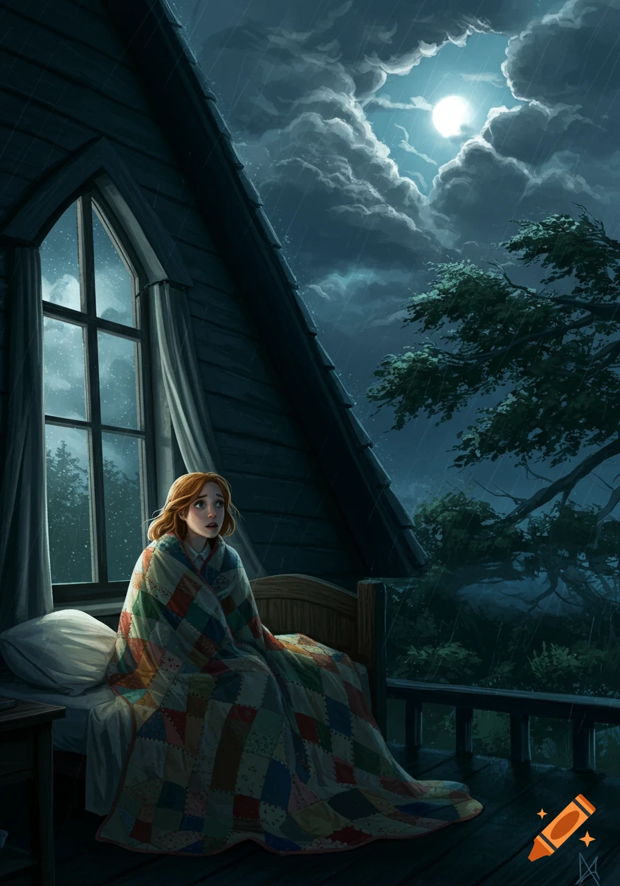 A red-haired girl wrapped in a patchwork quilt sits on her bed, watching a stormy night with a bright moon through an attic window.