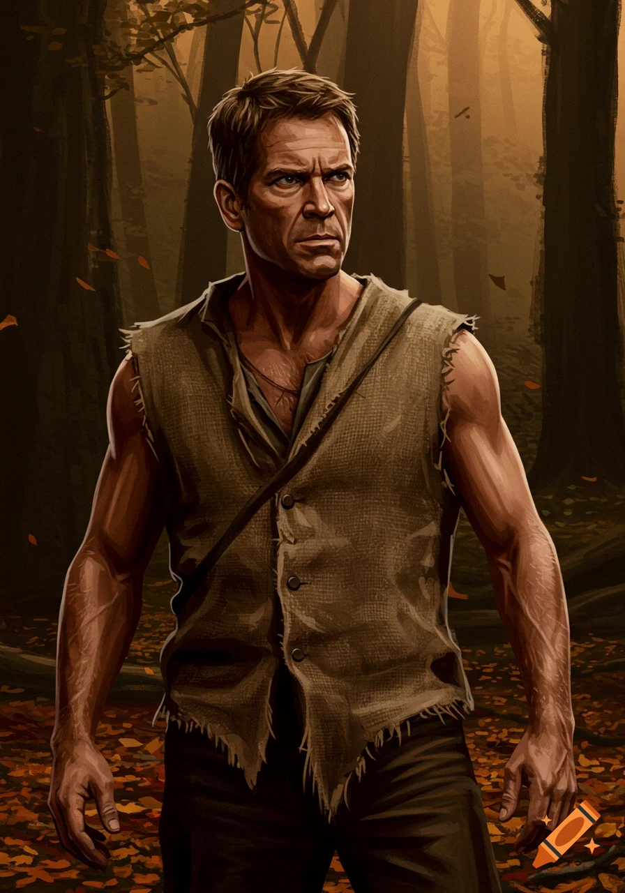 An illustrative portrait of a determined man with short brown hair, wearing a torn sleeveless shirt, standing in a dark, autumnal forest.
