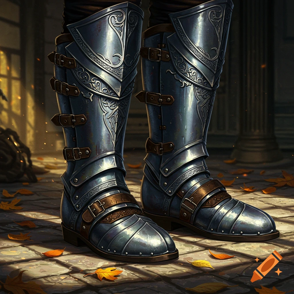 Close-up of a pair of ornate, metallic armored boots with leather straps and buckles, standing on a stone floor with scattered autumn leaves.